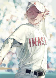 Rule 34 | 1boy, absurdres, ace of diamond, ball, baseball, baseball cap, baseball jersey, belt, belt buckle, black belt, blonde hair, blue eyes, blurry, blurry background, blush, bucket, buckle, day, hat, highres, holding, holding ball, jersey, male focus, narumiya mei, outdoors, pants, polypumb fr, short hair, smile, solo, sportswear, sweat, teeth, white pants