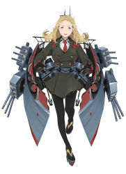 Rule 34 | 1girl, :d, absurdres, black gloves, black pantyhose, blonde hair, character request, collared shirt, commentary request, full body, gloves, hair ornament, high heels, highres, long hair, long sleeves, looking at viewer, machinery, military, military uniform, necktie, open mouth, pantyhose, platform footwear, red necktie, rigging, shirt, simple background, smile, solo, somehira katsu, standing, standing on one leg, steelblue mirage, uniform, warship girls r, white background, white shirt, wing collar
