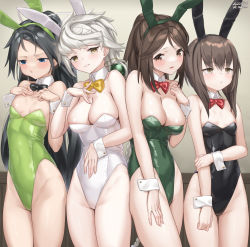 Rule 34 | 4girls, amagi (kancolle), animal ears, asymmetrical hair, bare legs, black bow, black bowtie, black hair, black leotard, blue eyes, bow, bowtie, braid, breast envy, breasts, brown eyes, brown hair, cleavage, commentary request, commission, cowboy shot, detached collar, green leotard, highleg, highleg leotard, highres, kantai collection, katsuragi (kancolle), leotard, long hair, medium breasts, multiple girls, parted lips, playboy bunny, ponytail, rabbit ears, red bow, red bowtie, sagace, short hair with long locks, single braid, skeb commission, small breasts, strapless, strapless leotard, taihou (kancolle), unryuu (kancolle), very long hair, white hair, white leotard, wrist cuffs, yellow bow, yellow bowtie