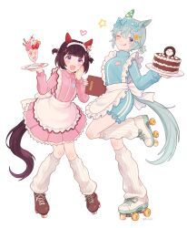 Rule 34 | 2girls, alternate costume, animal ears, apron, aqua hair, blue eyes, blue jacket, blue shorts, breasts, brown hair, cake, clipboard, closed mouth, ear covers, food, full body, hair ornament, hair rollers, heart, highres, holding, holding clipboard, holding plate, horse ears, horse girl, horse tail, ice cream, jacket, jersey maid, leg warmers, long sleeves, looking at another, looking at viewer, maid, maid headdress, multiple girls, name tag, nishino flower (umamusume), one eye closed, open mouth, pink jacket, pink skirt, plate, purple eyes, rio (rio 067), seiun sky (umamusume), short hair, short ponytail, shorts, simple background, skirt, sleep mask, small breasts, standing, standing on one leg, star (symbol), sundae, tail, tongue, tongue out, twitter username, two side up, umamusume, unconventional maid, waist apron, white background, x hair ornament