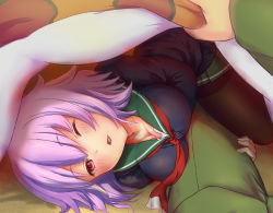Rule 34 | 10s, 1girl, admiral (kancolle), alternate costume, black serafuku, blanket, breasts, commentary request, em s, fang, hugging own legs, kantai collection, kotatsu, long sleeves, medium breasts, neckerchief, one eye closed, open mouth, pantyhose, pink hair, red eyes, red neckerchief, sailor collar, school uniform, serafuku, short hair, solo focus, swimsuit, table, tama (kancolle), under kotatsu, under table