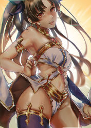 Rule 34 | 1girl, absurdres, bad id, bad pixiv id, bare shoulders, black hair, black thighhighs, breasts, crown, earrings, fate/grand order, fate (series), hair ribbon, highres, hoop earrings, ishtar (fate), jewelry, lips, long hair, looking at viewer, nail polish, naotachi yukito, navel, parted lips, red eyes, ribbon, shiny clothes, single thighhigh, solo, thighhighs, tohsaka rin