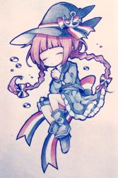 Rule 34 | 1girl, air bubble, anchor, asp@juken, back bow, blue sailor collar, blue skirt, blunt bangs, boots, bow, braid, brown hair, bubble, closed eyes, colored pencil (medium), floating, frilled skirt, frills, funamusea, hat, hat bow, interlocked fingers, long hair, long sleeves, multicolored bow, neckerchief, oounabara to wadanohara, own hands clasped, own hands together, pleated skirt, sailor collar, simple background, skirt, solo, striped, striped bow, traditional media, twin braids, underwater, witch, witch hat