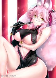 Rule 34 | 1girl, bare shoulders, bell, black dress, black gloves, blush, breasts, center opening, china dress, chinese clothes, dress, fate/grand order, fate (series), glasses, gloves, hair between eyes, hip focus, jingle bell, koyanskaya (chinese lostbelt outfit) (fate), koyanskaya (fate), large breasts, long hair, looking at viewer, pink hair, rei kun, revision, sitting, smile, solo, tamamo (fate), thighs, underboob, yellow eyes