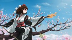 Rule 34 | 1girl, absurdres, blue sky, blurry, blurry background, blurry foreground, breasts, brown hair, cherry blossoms, cherry tree, cropped, day, depth of field, fasnakegod, flower, from side, hat, hauchiwa, highres, holding, holding staff, in tree, kourindou tengu costume, long sleeves, medium breasts, outdoors, outstretched arm, petals, pink flower, pom pom (clothes), red eyes, red hat, scenery, shameimaru aya, short hair, sitting, sitting in tree, sky, solo, staff, tassel, tokin hat, touhou, tree, wide sleeves, wind