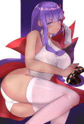 Rule 34 | 1girl, absurdres, ass, bare shoulders, bb (fate), bb (fate) (all), bb (swimsuit mooncancer) (fate), bb (swimsuit mooncancer) (third ascension) (fate), black coat, blush, border, breasts, closed mouth, coat, fate/grand order, fate (series), gloves, gradient background, hair ribbon, highres, large breasts, leotard, long hair, long sleeves, looking at viewer, lying, musicatopos, on side, open clothes, open coat, popped collar, purple background, purple eyes, purple hair, red ribbon, ribbon, single glove, smile, solo, tan, tentacles, thighs, very long hair, white border, white gloves, white leotard