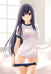 Rule 34 | 1girl, bed, blue eyes, blue shorts, breasts, buruma, censored, clothes pull, commentary request, gym uniform, highres, indoors, large breasts, looking at viewer, microsoft windows, nonaka ritsu, original, panties, panty pull, pussy, shirt, shorts, shorts pull, smile, solo, underwear, white panties, white shirt