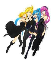 Rule 34 | 1boy, 3girls, alternate costume, arched back, belt, black dress, black legwear, blonde hair, blue eyes, blue hair, boots, braid, braided bangs, bridal gauntlets, closed eyes, colored eyelashes, conga line, detached sleeves, dress, elbow gloves, eyelashes, fingernails, formal, full body, gloves, hands on another&#039;s hips, hatsune miku, headphones, high heels, high ponytail, kagamine len, kagamine rin, laughing, leaning on person, lips, long hair, looking at viewer, megurine luka, multiple girls, nail polish, open mouth, pink hair, pink nails, poaro, ponytail, print legwear, shoes, short dress, short hair, siblings, side slit, simple background, smile, strapless, strapless dress, suit, texture, thigh boots, thighhighs, tiara, very long hair, vocaloid, white background, wide sleeves, wrist cuffs, zettai ryouiki