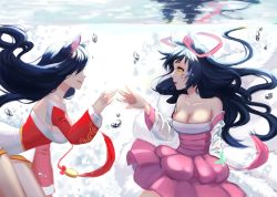 Rule 34 | 2girls, ahri (league of legends), alternate costume, animal ears, bare shoulders, bent over, black hair, breasts, bubble, bug, butterfly, cleavage, cowboy shot, detached sleeves, dress, dual persona, dynasty ahri, eye contact, facial mark, fingers together, floating hair, fox ears, fox tail, from side, highres, insect, japanese clothes, kimono, korean clothes, large breasts, league of legends, light smile, long hair, looking at another, low neckline, multiple girls, official alternate costume, profile, reflection, ribbon, short kimono, sideboob, smile, submerged, tail, tassel, underwater, very long hair, water, whisker markings, whitehee93, yellow eyes