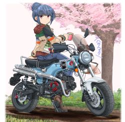 Rule 34 | 1girl, absurdres, ankle boots, blue hair, blue pants, boots, brown footwear, brown jacket, closed mouth, commentary request, cup, day, denim, fringe trim, from behind, green scarf, hair bun, highres, holding, holding cup, honda, honda dax, hood, hood down, hooded jacket, jacket, jeans, light frown, logo, long sleeves, looking at viewer, looking back, mikeran (mikelan), motor vehicle, motorcycle, on motorcycle, outdoors, pants, partial commentary, purple eyes, scarf, shadow, shima rin, short hair, sitting, solo, spring (season), translated, tree, yurucamp