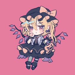 Rule 34 | 1girl, ascot, bat wings, blonde hair, bow, candy, chibi, crystal, flandre scarlet, food, hair bow, halloween, halloween costume, happy halloween, hat, hat ribbon, hiyuu (hiyualice), jack-o&#039;-lantern, mob cap, multicolored wings, one side up, puffy short sleeves, puffy sleeves, pumpkin, red background, red eyes, red skirt, red vest, ribbon, short sleeves, side ponytail, skirt, skirt set, solo, touhou, vest, white hat, wings, yellow ascot