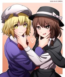 Rule 34 | 2girls, black capelet, black skirt, blonde hair, bow, bow hairband, brown eyes, brown hair, capelet, closed mouth, dress, eyelashes, fedora, hairband, hand on another&#039;s chin, happy, hat, hat bow, hat ribbon, heart, highres, hoshii 1213, maribel hearn, mob cap, multiple girls, nail, necktie, open mouth, purple dress, red neckwear, ribbon, shirt, short hair, simple background, skirt, smile, touhou, usami renko, white bow, white shirt, yellow eyes