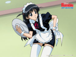 Rule 34 | 00s, 1girl, apron, black hair, copyright name, dress, holding, holding tray, indoors, leaning forward, long hair, maid, maid apron, official art, open mouth, school rumble, short dress, short twintails, solo, thighhighs, tray, tsukamoto tenma, twintails, two side up, waitress, zettai ryouiki