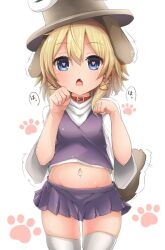 Rule 34 | 1girl, animal ears, blonde hair, blue eyes, brown headwear, clenched hands, collar, commentary, cowboy shot, dog ears, dog tail, fang, heart, heart-shaped pupils, kihuzinz, looking at viewer, moriya suwako, navel, open mouth, paw pose, purple skirt, purple vest, red collar, shirt, short hair, sidelocks, simple background, skin fang, skirt, solo, standing, stomach, symbol-shaped pupils, tail, thighhighs, touhou, turtleneck, vest, white background, white shirt, white thighhighs