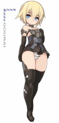 Rule 34 | 1girl, :o, bare shoulders, black footwear, black gloves, black leotard, black thighhighs, blonde hair, blue eyes, blush, boots, character name, commentary request, doll joints, elbow gloves, frame arms girl, full body, gloves, gourai, groin, hair between eyes, hand up, highres, joints, karukan (monjya), leotard, looking at viewer, panties, parted lips, short hair, simple background, solo, strapless, strapless leotard, striped clothes, striped panties, thigh boots, thighhighs, underwear, white background