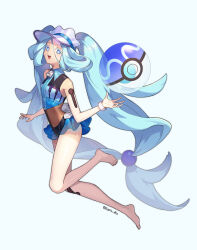 Rule 34 | 1girl, :d, aqua hair, ball, barefoot, beachball, blue eyes, bracelet, bright pupils, colored eyelashes, commentary request, creatures (company), eyelashes, full body, game freak, hatsune miku, highres, jewelry, korean commentary, legs, long hair, mongguri, nintendo, open mouth, poke ball print, pokemon, project voltage, simple background, skirt, smile, solo, toes, tongue, twintails, twitter username, vest, visor cap, vocaloid, water miku (project voltage), white background, white pupils, zipper pull tab