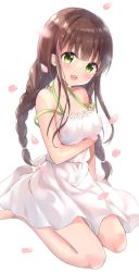 Rule 34 | 1girl, :d, amedamacon, arm under breasts, bare arms, bare shoulders, barefoot, blush, braid, breasts, brown hair, commentary request, dress, gochuumon wa usagi desu ka?, green eyes, highres, large breasts, long hair, open mouth, petals, simple background, sitting, sleeveless, sleeveless dress, smile, solo, twin braids, twintails, ujimatsu chiya, very long hair, wariza, white background, white dress