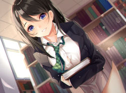Rule 34 | absurdres, amahara pekozaemon, black hair, blazer, blue eyes, blurry, blurry background, blush, bokeh, bookshelf, breasts, cleavage, cowboy shot, depth of field, dutch angle, highres, indoors, jacket, large breasts, leaning forward, light particles, long hair, looking at viewer, necktie, non-web source, original, parted lips, plaid neckwear, pleated skirt, school uniform, skirt, smile