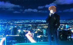 Rule 34 | 1boy, blonde hair, city lights, cityscape, formal, highres, holding, holding phone, hunter x hunter, looking down, luclu03, male focus, night, night sky, outdoors, pariston hill, phone, sky, smile, solo, suit, talking on phone
