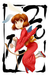 Rule 34 | 10s, 2011, animal ears, arrow (projectile), bow (weapon), brown eyes, brown hair, ema, highres, japanese clothes, kimono, nagian, new year, open mouth, original, rabbit ears, sandals, short hair, solo, tail, weapon