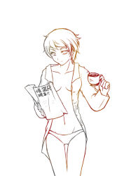 Rule 34 | 1girl, charlie vergier, collarbone, holding, long sleeves, midriff, mie (pome no ki), navel, newspaper, no bra, open clothes, open shirt, reading, rhythm kaitou r, shirt, short hair, simple background, standing, steam, stomach, thigh gap, white background
