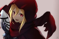 Rule 34 | 1girl, :d, blonde hair, cloak, commentary request, dated, evileye (overlord), fang, gloves, grey background, hair between eyes, holding, holding mask, hood, hooded cloak, looking at viewer, mask, unworn mask, open mouth, overlord (maruyama), purple gloves, red cloak, red eyes, signature, smile, solo, tea (nakenashi), upper body