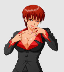 Rule 34 | 1girl, breasts, cleavage, cleavage reach, collarbone, earrings, head tilt, highres, hip focus, jewelry, king of fighters xiii, large breasts, licking, licking hand, makani kohitujito, nail polish, naughty face, no bra, red eyes, red hair, short hair, shoulder pads, snk, solo, the king of fighters, the king of fighters xiii, tongue, tsurime, very short hair, vice (kof)