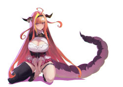 Rule 34 | 1girl, ahoge, between legs, black jacket, black thighhighs, bow, braid, breasts, cleavage, cleavage cutout, clothing cutout, diagonal-striped bow, dragon horns, dragon tail, eyelashes, fingernails, hairband, hand between legs, highres, hololive, horn bow, horn ornament, horns, huge breasts, jacket, kiryu coco, kiryu coco (1st costume), loafers, long hair, looking at viewer, multicolored hair, orange hair, parted lips, red eyes, ringlets, shikahiro, shoes, side braid, sidelocks, simple background, single braid, single thighhigh, solo, squatting, streaked hair, tail, thigh strap, thighhighs, thighs, v arms, very long hair, virtual youtuber, white background