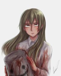 Rule 34 | 1girl, aosora (mizore), blood, blood on clothes, blood on face, blood on hands, bucket, commentary request, expressionless, green hair, haruka (aosora (mizore)), holding, holding bucket, long hair, original, shirt, signature, solo, upper body, white shirt