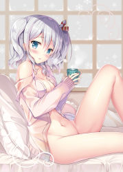 Rule 34 | 1girl, artist name, bare shoulders, blue eyes, blush, bottomless, breasts, cardigan, circle name, cleavage, coffee, collarbone, cup, dress shirt, groin, hair between eyes, highres, holding, holding cup, kantai collection, kashima (kancolle), knee up, long hair, looking at viewer, medium breasts, mug, naked cardigan, naked shirt, navel, no bra, no panties, non-web source, off shoulder, open cardigan, open clothes, open mouth, open shirt, parted lips, shirt, sidelocks, silver hair, sitting, sleeves past wrists, smile, solo, sousouman, stomach, tsurime, twintails, wavy hair, white shirt
