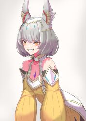 Rule 34 | 1girl, absurdres, animal ears, bare shoulders, blunt bangs, blush, breasts, cat ears, chest jewel, commentary request, facial mark, grey hair, grin, highres, karian909, long sleeves, looking at viewer, nia (xenoblade), short hair, small breasts, smile, solo, white background, xenoblade chronicles (series), xenoblade chronicles 3, yellow eyes