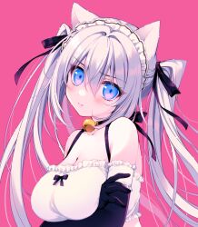 Rule 34 | 1girl, animal ears, bare shoulders, bell, black choker, black gloves, blue eyes, breasts, cat ears, choker, cleavage, closed mouth, crop top, elbow gloves, fang, frilled gloves, frilled shirt, frills, frown, gloves, hair ribbon, highres, jingle bell, large breasts, long hair, looking at viewer, maid headdress, nikyuppa, original, pink background, ribbon, shirt, simple background, sleeveless, sleeveless shirt, solo, spaghetti strap, twintails, upper body, v-shaped eyebrows, white hair, white shirt