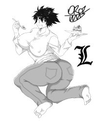 Rule 34 | 1girl, absurdres, artist name, ass, black hair, breasts, candy, death note, food, highres, l (death note), oroz kun