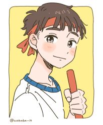 Rule 34 | 1boy, border, brown eyes, brown hair, closed mouth, headband, highres, light blush, light smile, looking at viewer, male focus, original, red headband, relay baton, shirt, short hair, simple background, smile, solo, twitter username, upper body, wakaba maekawa, white border, white shirt, yellow background