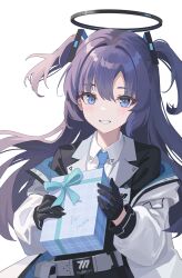 Rule 34 | 1girl, absurdres, astelia, black gloves, blue archive, blue necktie, blush, box, collared shirt, gift, gift box, gloves, halo, highres, holding, holding gift, jacket, long hair, long sleeves, looking at viewer, mechanical halo, necktie, purple eyes, purple hair, shirt, simple background, solo, white background, white jacket, white shirt, yuuka (blue archive)