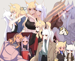 Rule 34 | 2girls, animal ear fluff, animal ears, arknights, arm around shoulder, belt, black belt, black jacket, black pants, black sports bra, black tank top, blue shirt, blush, breasts, brown dress, brown jacket, brown shirt, bucket, censored, cleavage, collared shirt, dress, extra ears, eye contact, closed eyes, face-to-face, food, full-face blush, green sweater, grey background, highres, holding, holding bucket, horse ears, horse girl, jacket, jacket on shoulders, long sleeves, looking at another, midriff, multiple girls, naked shirt, navel, nearl (arknights), necktie, off shoulder, open clothes, open jacket, pants, platinum (arknights), popcorn, red scarf, scarf, shirt, simple background, sitting, sleeping, sleeping on person, sports bra, supershrimpcakes, sweater, tank top, tuxedo, white hair, white necktie, white shirt, yellow eyes, yuri