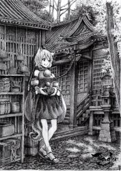 Rule 34 | 1girl, animal ears, architecture, bare shoulders, bucket, camera, detached sleeves, east asian architecture, ema, female focus, geta, greyscale, hat, highres, inubashiri momiji, leaning, monochrome, nobita (makoto7060355), sandals, short hair, shrine, smile, solo, stone lantern, tail, temple, tokin hat, touhou, traditional media, wolf ears, wolf tail