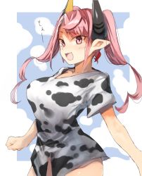 Rule 34 | 1girl, :d, animal print, bad id, bad pixiv id, breasts, clenched hand, cow print, cowboy shot, fang, highres, horns, large breasts, long hair, looking at viewer, naked shirt, open mouth, original, pointy ears, red eyes, shirt, short sleeves, slit pupils, smile, solo, standing, suminagashi, twintails