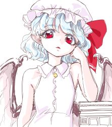 Rule 34 | 1girl, adapted costume, bare shoulders, bat wings, blue hair, bow, collared shirt, commentary request, elbow on table, eyelashes, frilled shirt collar, frills, hat, hat bow, head rest, lips, looking at viewer, mob cap, parted lips, pink hat, pink shirt, pointy ears, red bow, red eyes, remilia scarlet, s-a-murai, shirt, short hair, sleeveless, sleeveless shirt, solo, table, touhou, upper body, wavy hair, white background, wings