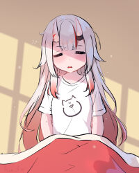 Rule 34 | 1girl, artist name, blanket, closed eyes, commentary, english commentary, fian f.n, highres, hololive, horns, long hair, multicolored hair, nakiri ayame, open mouth, shadow, shirt, sleepy, solo, streaked hair, t-shirt, virtual youtuber, white hair, white shirt, yellow background