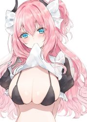Rule 34 | 1girl, bikini, black bikini, blue eyes, blush, bow, breasts, cleavage, demon horns, highres, horns, large breasts, long hair, looking at viewer, maid, mouth hold, original, pink hair, simple background, solo, swimsuit, upper body, very long hair, white background, white bow, yupi (yuyupiko01)