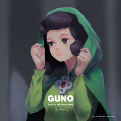 Rule 34 | 1girl, adjusting clothes, artist name, black eyes, black hair, cape, closed mouth, collared cape, commentary, english commentary, english text, green cape, green hood, green robe, gunppang, highres, hood, hood up, jewelry, miranjo, ousama ranking, pendant, robe, solo, upper body