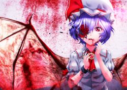 Rule 34 | 1girl, aono meri, bad id, bad pixiv id, bat wings, blood, blood in mouth, blood on face, bloody wings, bow, broken, broken chain, brooch, chain, claws, cuffs, flower, flower eyepatch, flower over eye, frills, hat, hat ribbon, jewelry, mob cap, nail polish, neckerchief, parted lips, petals, puffy short sleeves, puffy sleeves, purple hair, red bow, red eyes, red flower, red nails, red ribbon, remilia scarlet, ribbon, shackles, short hair, short sleeves, solo, touhou, upper body, wings