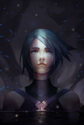 Rule 34 | 1girl, aqua (kingdom hearts), blue hair, crying, crying with eyes open, dark background, highres, kingdom hearts, kingdom hearts birth by sleep, looking at viewer, nikusenpai, parted lips, partially submerged, short hair, sleeveless, solo, tears, upper body, water