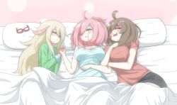 Rule 34 | 3girls, :3, ahoge, bed, black shorts, blanket, blonde hair, breasts, brown hair, closed eyes, closed mouth, commentary, cowboy shot, english commentary, unworn eyewear, flat chest, green shirt, highres, insomnia-chan, kay yu, large breasts, long hair, lying, medium hair, multiple girls, on back, on side, open mouth, original, paguroidea, pillow, pink-haired girl (kay yu), pink background, pink hair, red shirt, shirt, shorts, sleeping, under covers, white shirt