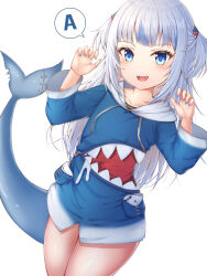 Rule 34 | 1girl, absurdres, animal hood, blue eyes, blue hair, collarbone, fins, fish tail, flat chest, gawr gura, hair ornament, hairpin, highres, hololive, hololive english, hood, long hair, looking at viewer, multicolored hair, nahanmin, nail polish, open mouth, paw pose, shark hood, shark tail, sharp teeth, short twintails, smile, solo, speech bubble, standing, streaked hair, tail, talking, teeth, twintails, upper teeth only, virtual youtuber, white background, white hair