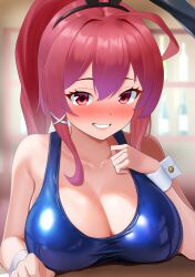 Rule 34 | 1girl, ahoge, blurry, blurry background, blush, breast rest, breasts, cleavage, dorachan r, hair ornament, hair ribbon, highres, i-168 (kancolle), indoors, kantai collection, long hair, one-piece swimsuit, ponytail, red eyes, red hair, ribbon, school swimsuit, smile, swimsuit, table, upper body