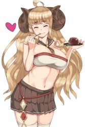 Rule 34 | 1girl, ahoge, anila (granblue fantasy), bandeau, blonde hair, blunt bangs, breasts, cleavage, commentary request, draph, eating, eyebrows, food, fur trim, gloves, granblue fantasy, heart, holding, holding spoon, horns, large breasts, long hair, michihasu, midriff, miniskirt, navel, pleated skirt, sheep horns, short eyebrows, skirt, solo, spoon, stomach, strapless, thick eyebrows, thighhighs, utensil in mouth, wavy hair, white gloves, white thighhighs, zettai ryouiki