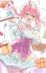 Rule 34 | 1girl, 35p (sakura miko), :d, absurdres, ahoge, arm ribbon, armpits, bag, blush, bow, breasts, cherry, cleavage, corset, desert, detached collar, detached sleeves, double-parted bangs, fish hair ornament, food, food-themed bag, frilled hairband, frilled kimono, frilled skirt, frilled sleeves, frills, from below, fruit, green eyes, hair between eyes, hair bow, hair ornament, hair rings, hairband, hairclip, handbag, highres, holding, holding food, holding tray, hololive, ice cream, japanese clothes, kaina (caina 87), kimono, layered skirt, leg ribbon, lolita fashion, long hair, looking at viewer, low twintails, maid headdress, medium breasts, name tag, neck ribbon, official alternate costume, official alternate hairstyle, open mouth, pancake, pancake stack, parfait, petticoat, pink hair, pink kimono, pleated skirt, pom pom (clothes), pom pom hair ornament, pudding, ribbon, sakura miko, sakura miko (new year), skirt, sleeveless, sleeveless kimono, smile, socks, solo, strawberry, strawberry parfait, sweet lolita, taiyaki, thigh ribbon, tray, twintails, underbust, v, virtual youtuber, wa lolita, wagashi, white hairband, white skirt, white sleeves