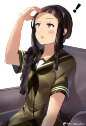Rule 34 | 1girl, armchair, bad id, bad pixiv id, blouse, blush, braid, breasts, chair, commentary request, green shirt, green skirt, juurouta, kantai collection, kitakami (kancolle), long hair, neckerchief, ponytail, purple eyes, school uniform, serafuku, shirt, simple background, single braid, skirt, small breasts, solo, twintails, white background